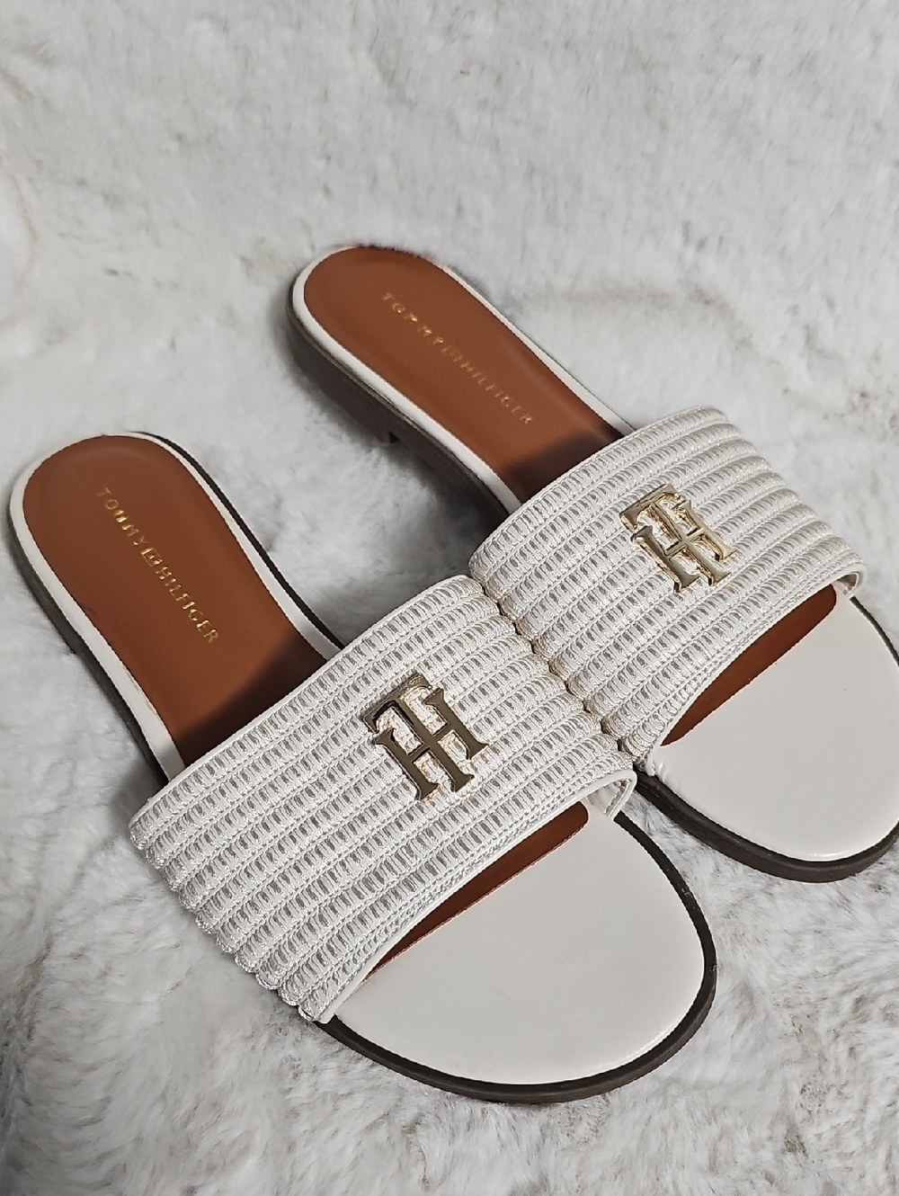 Tommy Hilfiger Cream Woven Slide Sandals with Gold Logo